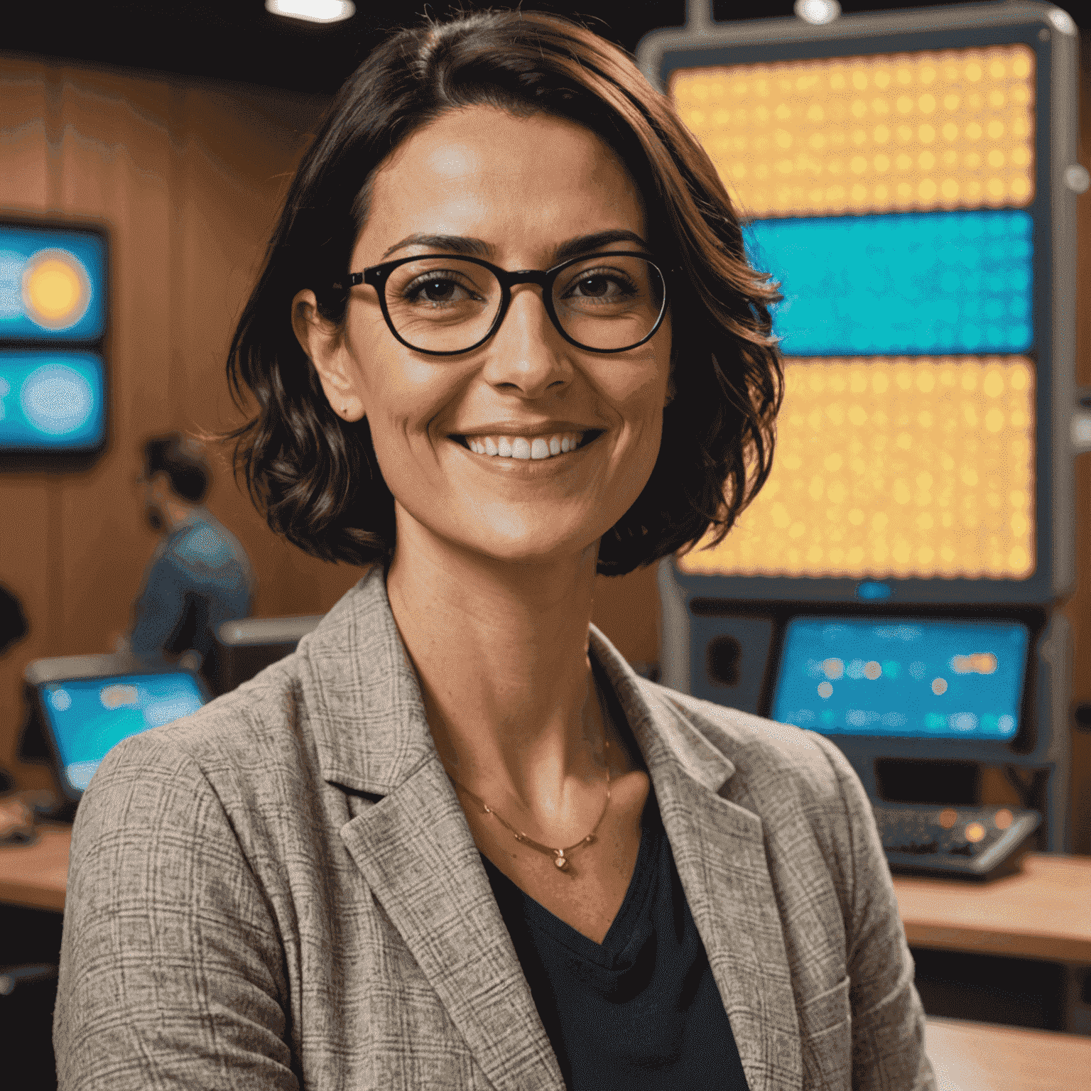 Portrait of Maria Rossi, a woman in her 30s with short dark hair and glasses, smiling warmly at the camera. She's wearing a casual yet professional outfit, reflecting her role as the founder of plinko-gms.