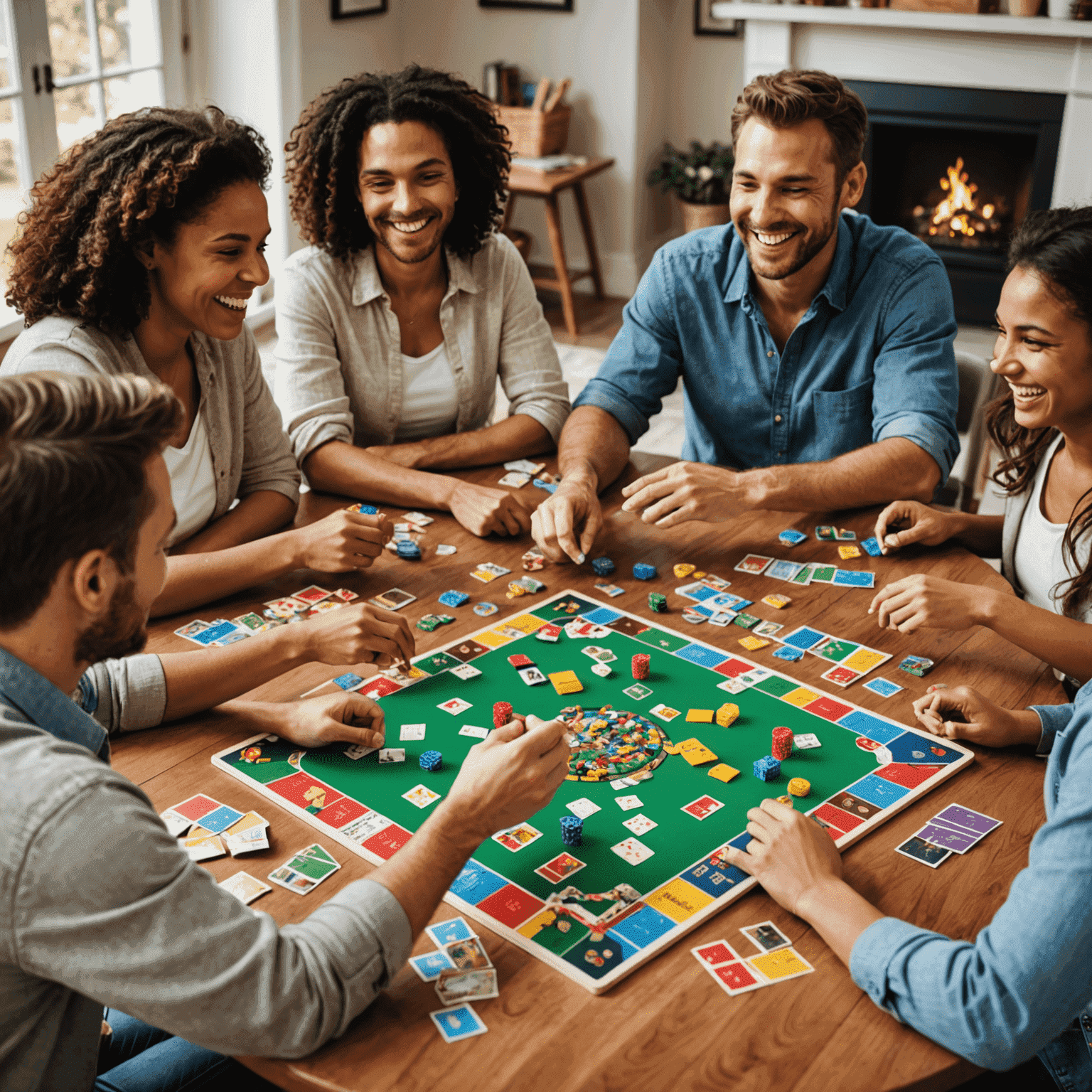 A family gathered around a table playing board games, with colorful game pieces and cards spread out. Smiling faces and laughter evident, showcasing the joy of family game night.