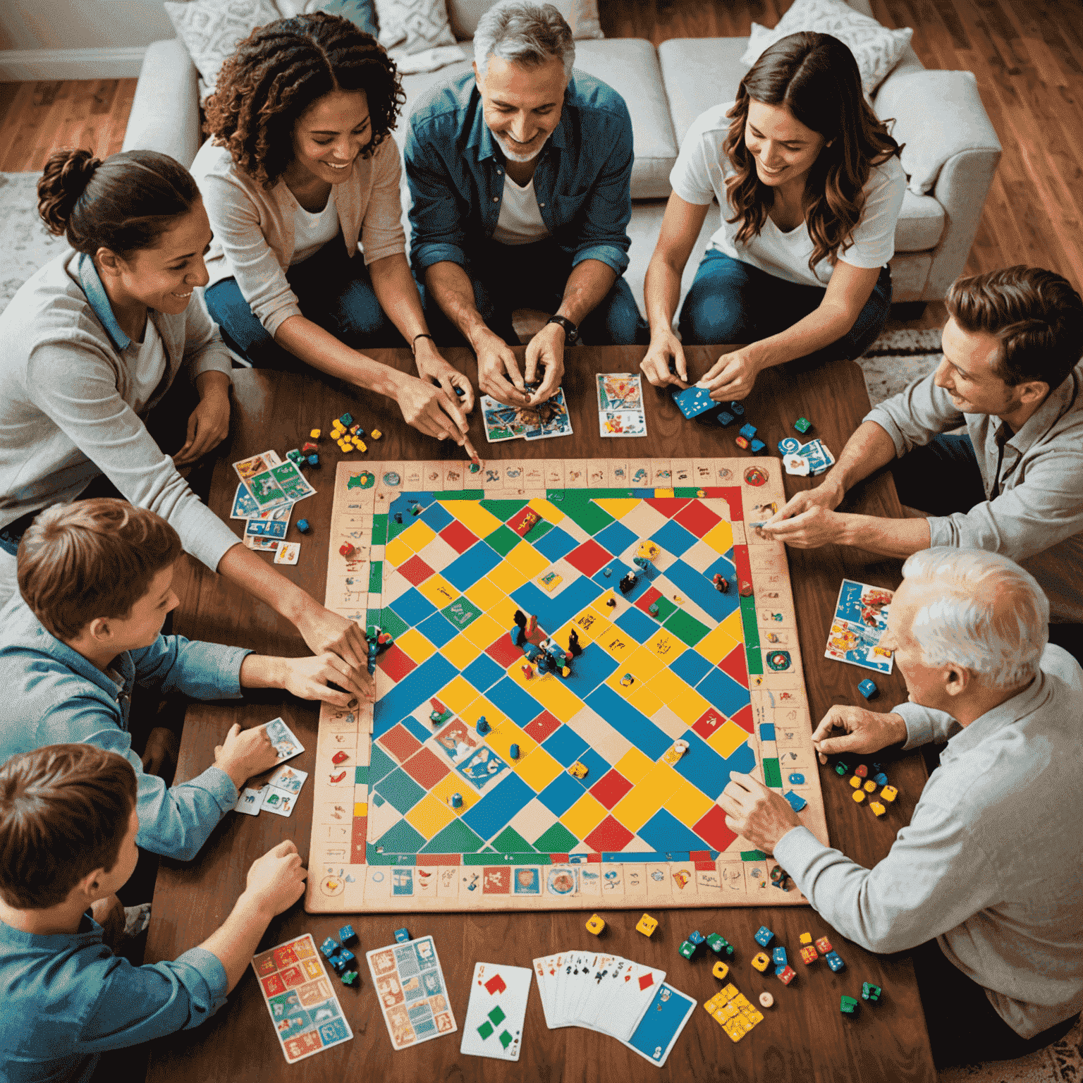 A family gathered around a table playing board games, with colorful game pieces and cards spread out