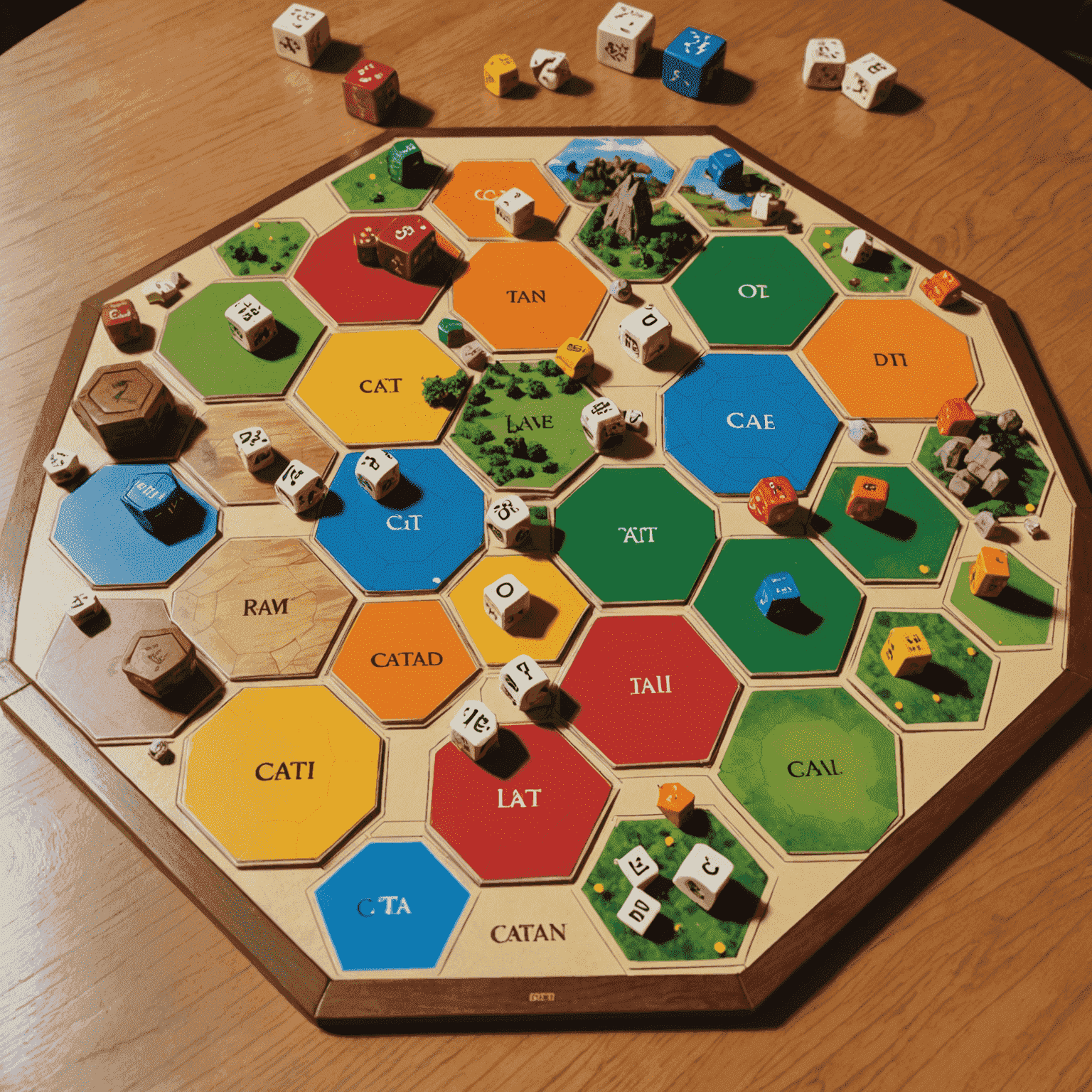 Catan board game setup with hexagonal tiles representing different resources, settlement pieces, and dice