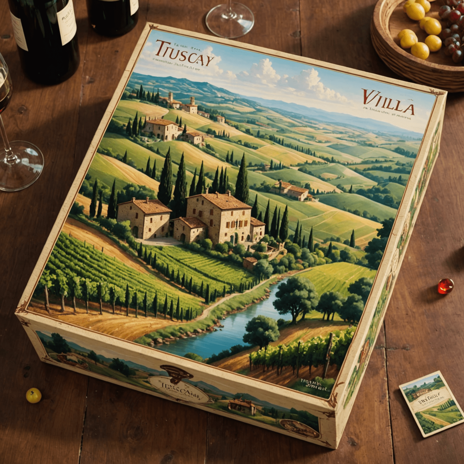 A board game box showing a picturesque Tuscan vineyard landscape with rolling hills, cypress trees, and a rustic villa. The game board features various wine-making elements and a map of the Tuscany region.