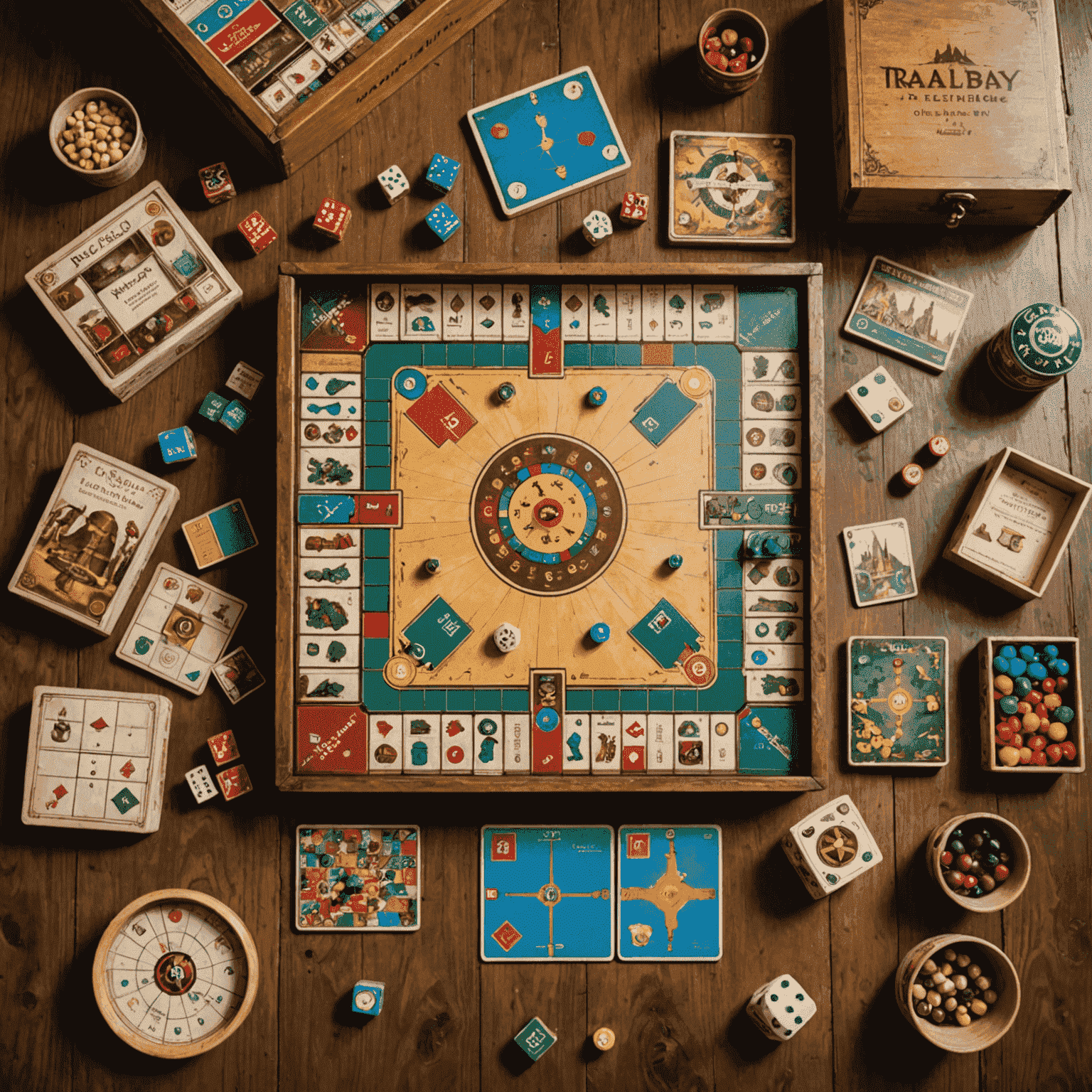 A diverse collection of board games arranged on a wooden table, showcasing various box sizes, themes, and player counts