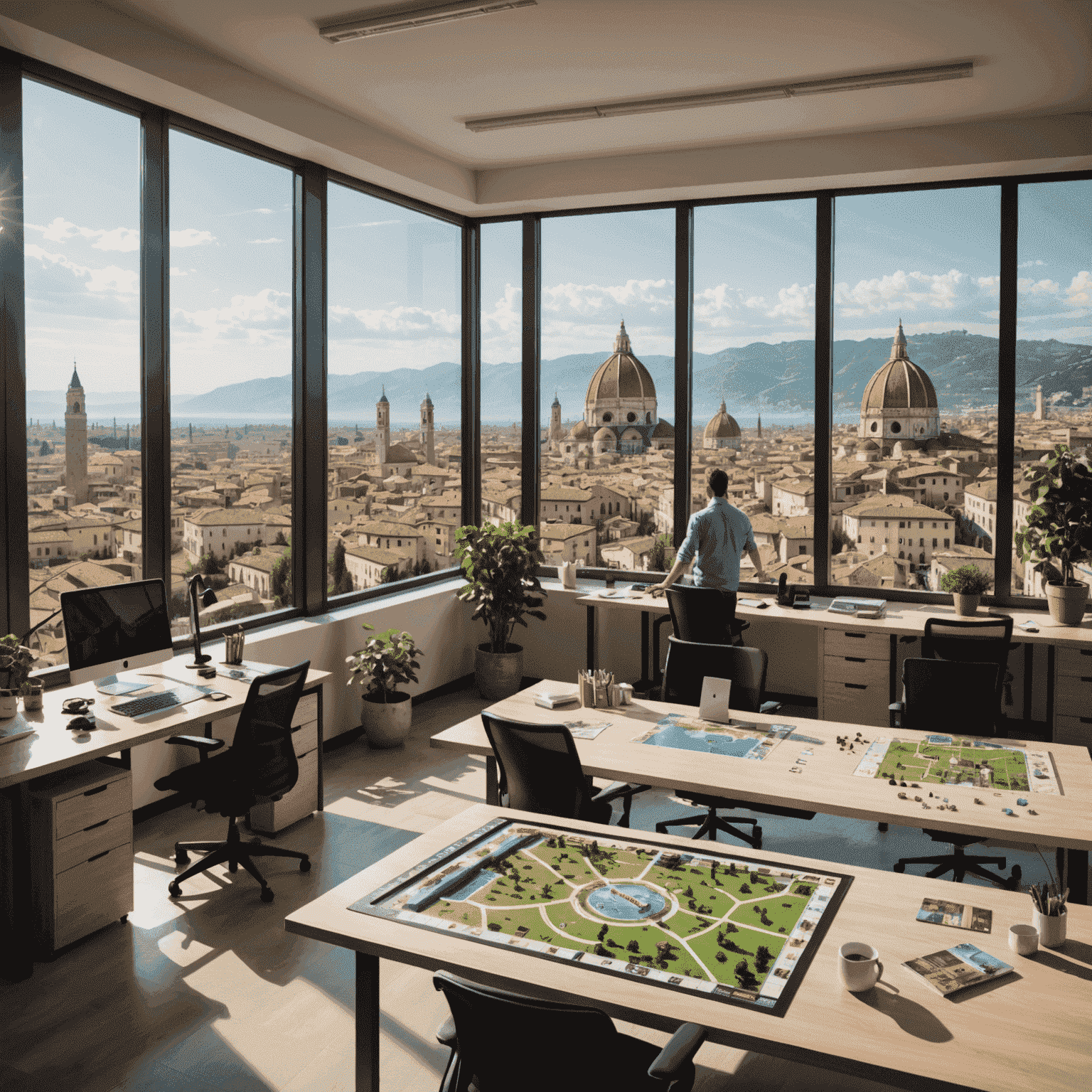 A modern office space in Italy with board game prototypes on tables, developers working on computers, and a picturesque view of an Italian cityscape through large windows