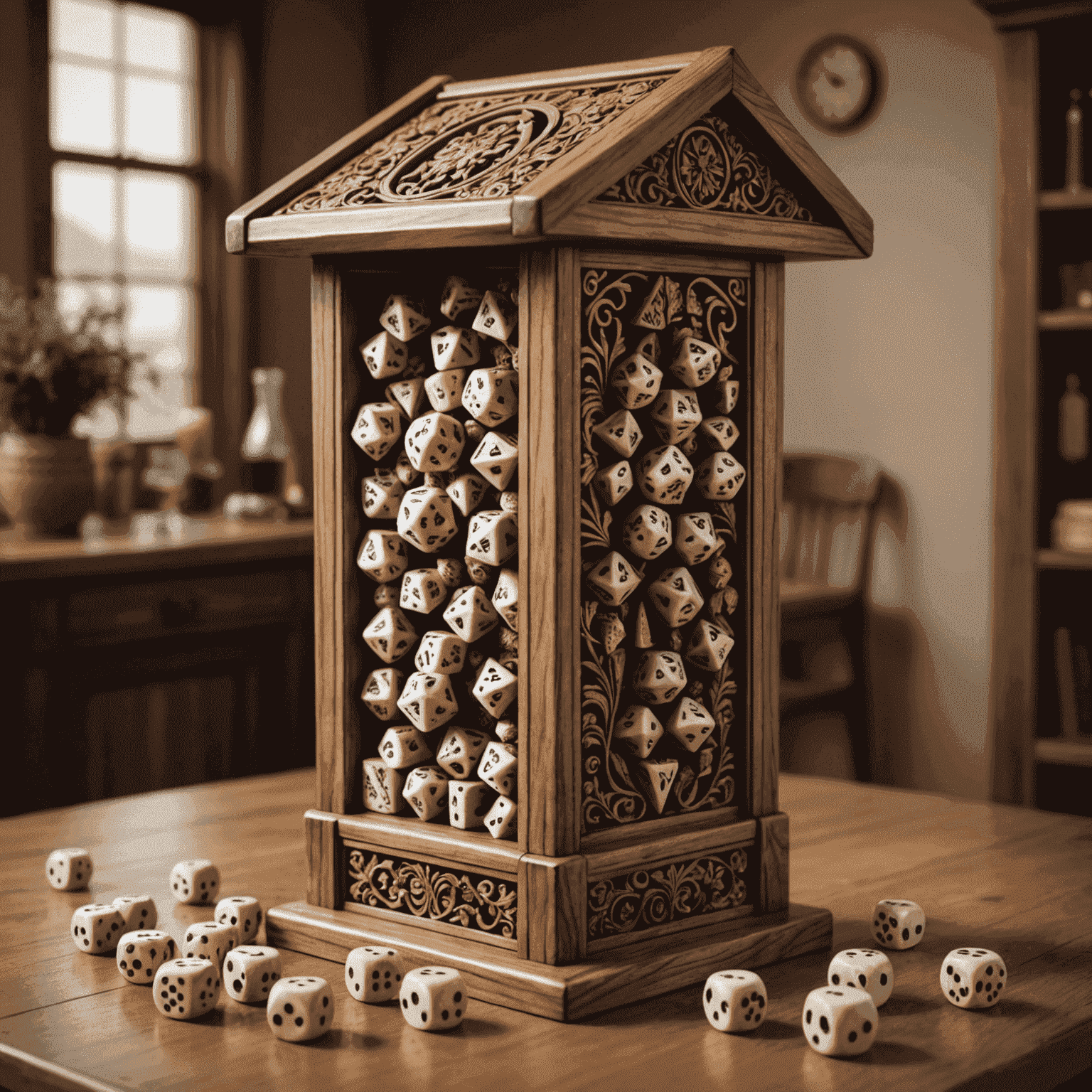 A wooden dice tower with intricate carvings, showing dice tumbling down its levels