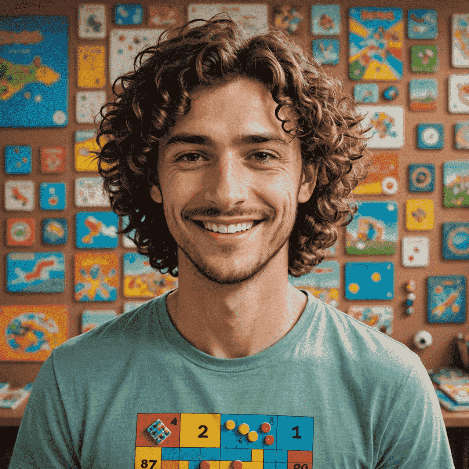 Portrait of Luca Bianchi, a man in his late 20s with curly brown hair and a friendly smile. He's wearing a colorful t-shirt with a board game design, showcasing his passion as the game selection specialist.