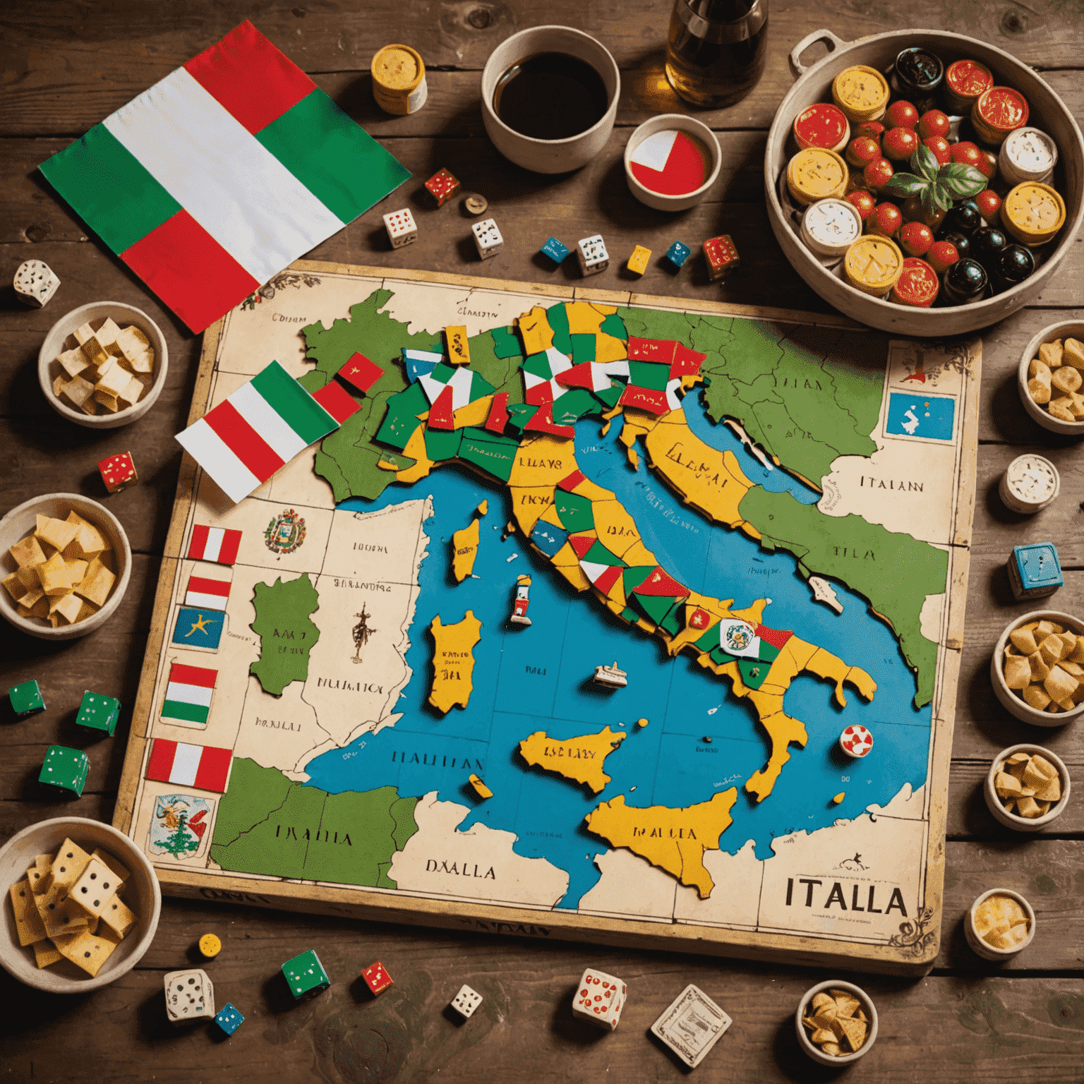 A collection of Italian-themed board games displayed on a rustic wooden table. Games feature Italian landmarks, cuisine, and cultural elements. A map of Italy and some Italian flags are visible in the background.