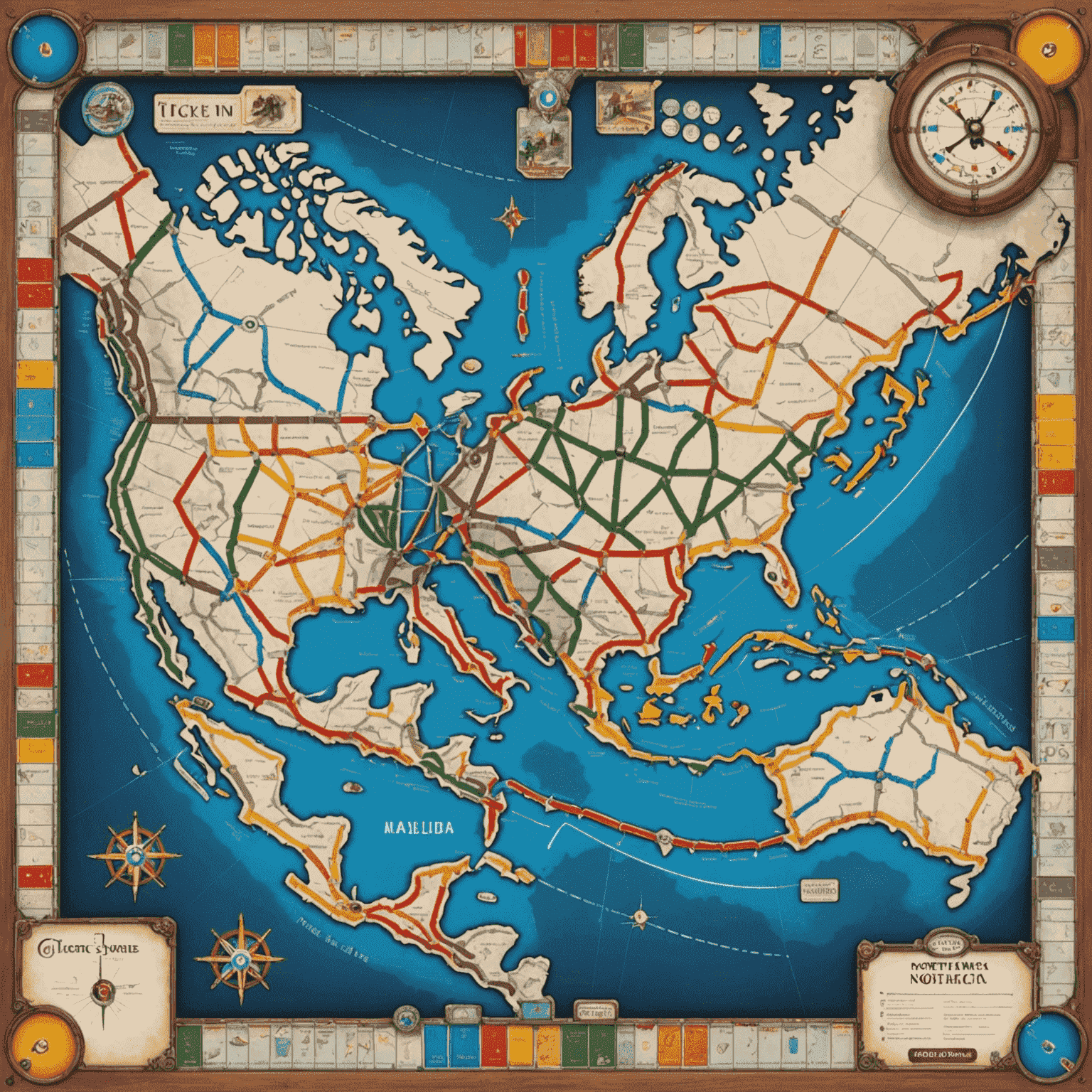 Ticket to Ride game board featuring a map of North America with colorful train routes and player pieces