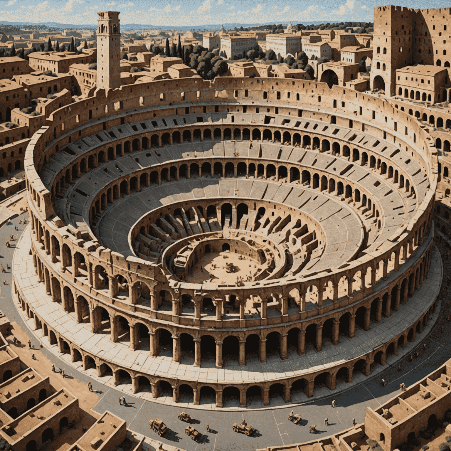 A game board depicting the construction of the Roman Colosseum. The board shows different stages of the amphitheater's development, with miniature workers, scaffolding, and building materials. The box art features a completed Colosseum against a backdrop of ancient Rome.