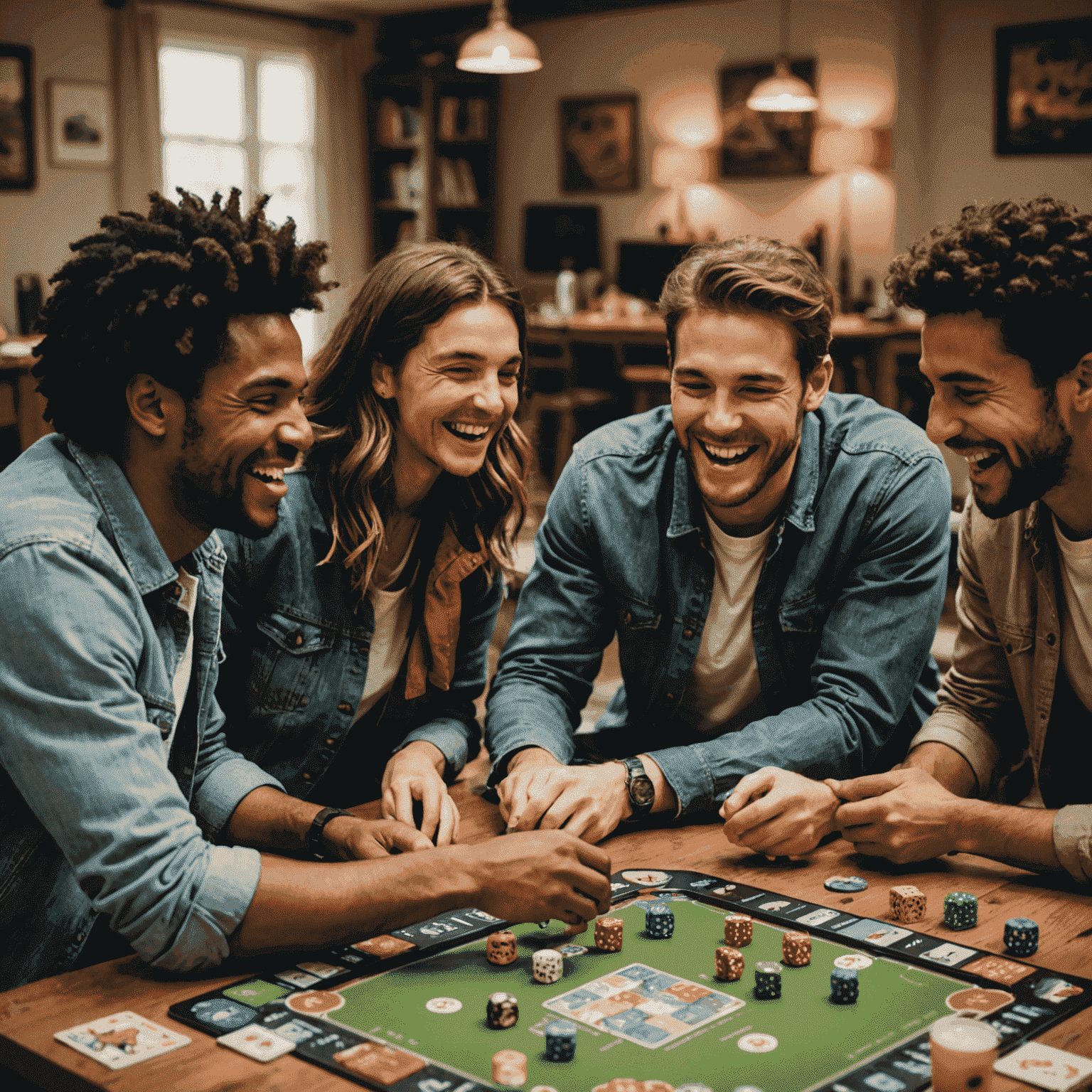 A group of friends laughing and playing a board game together, showcasing the social aspect of gaming