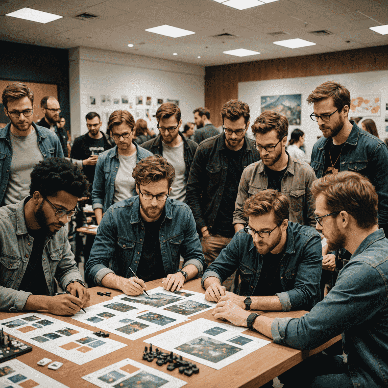 A team of diverse game designers and artists collaborating around a large table covered with game prototypes, sketches, and miniatures