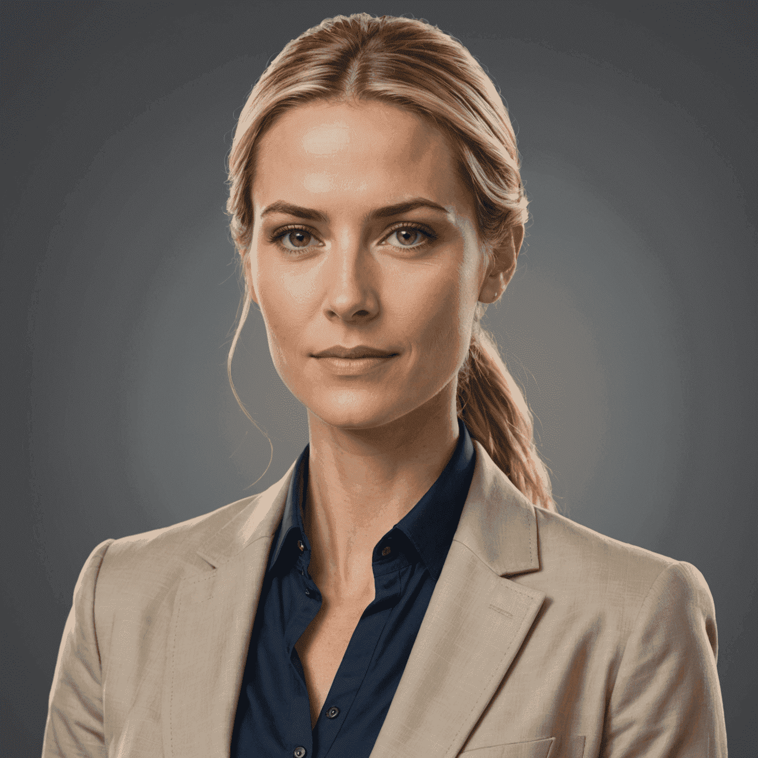 Portrait of Sofia Conti, a woman in her mid-30s with long blonde hair tied back, wearing smart casual attire. She has a determined look, fitting her role as the customer experience manager.