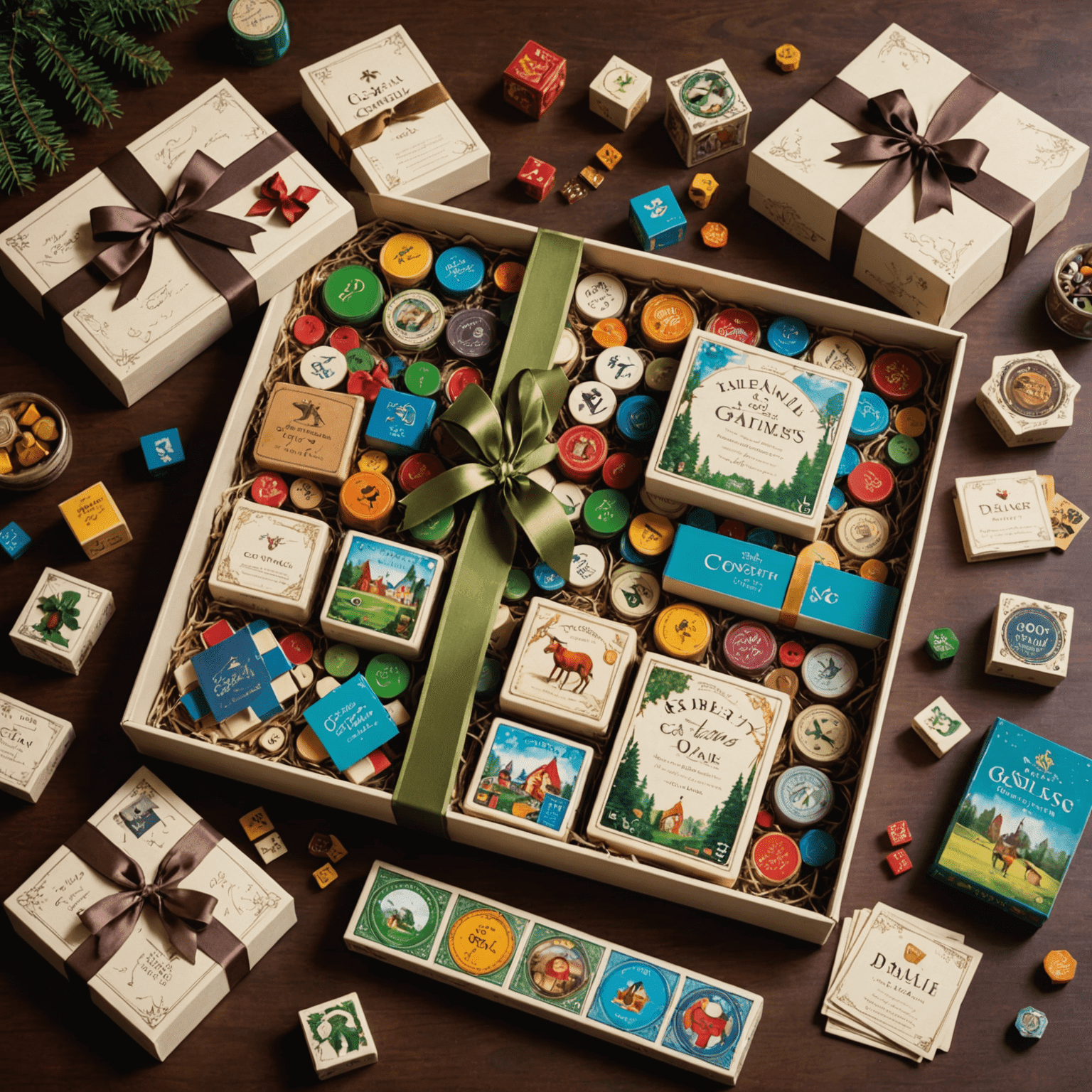 A beautifully wrapped board game as a gift, surrounded by various board games for different age groups. A gift tag and ribbon are visible, emphasizing the art of gifting games.