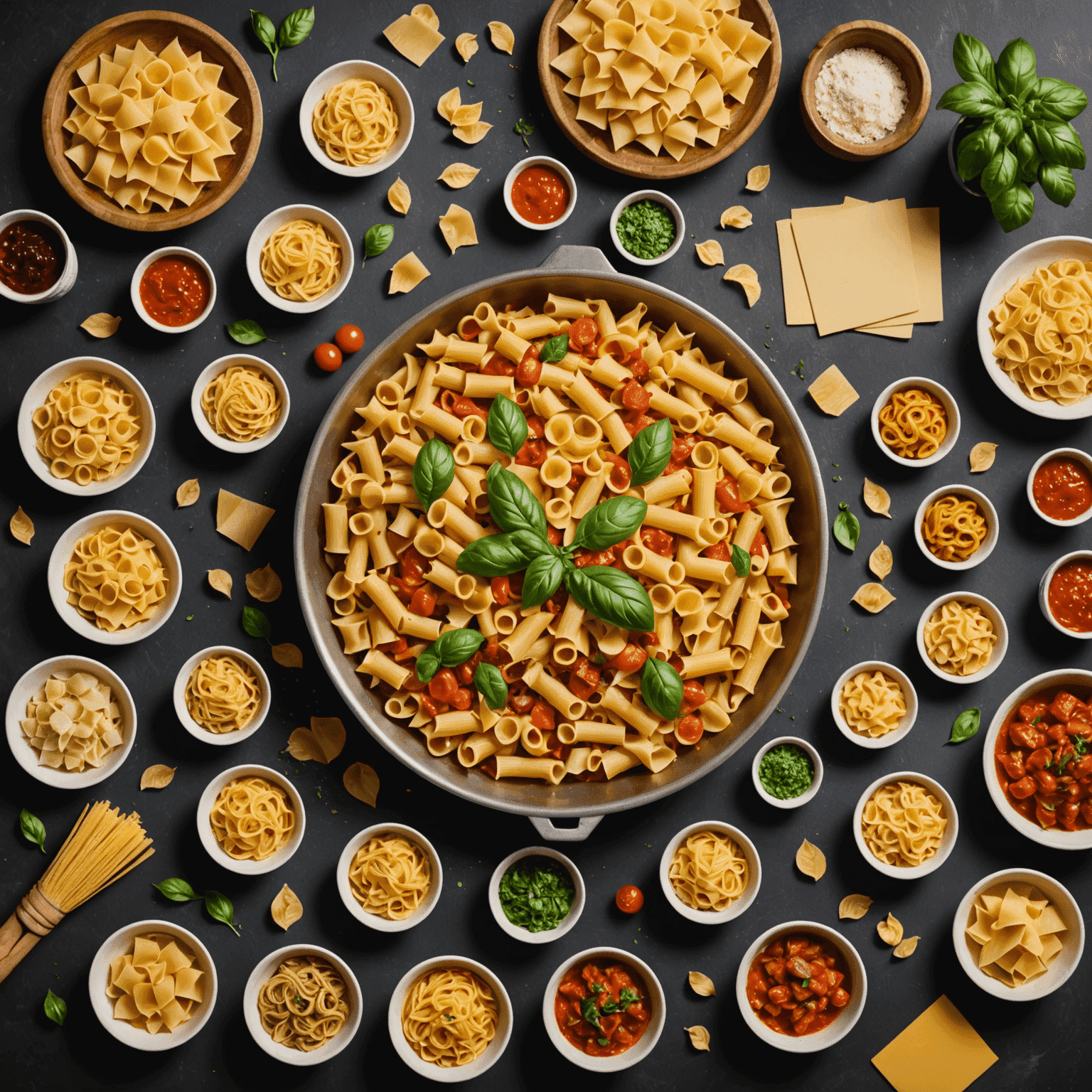 A colorful game board featuring various types of pasta, ingredients, and cooking utensils. The game pieces are shaped like different pasta shapes, and the cards display Italian recipes. The box art shows a jovial Italian chef presenting a steaming plate of pasta.