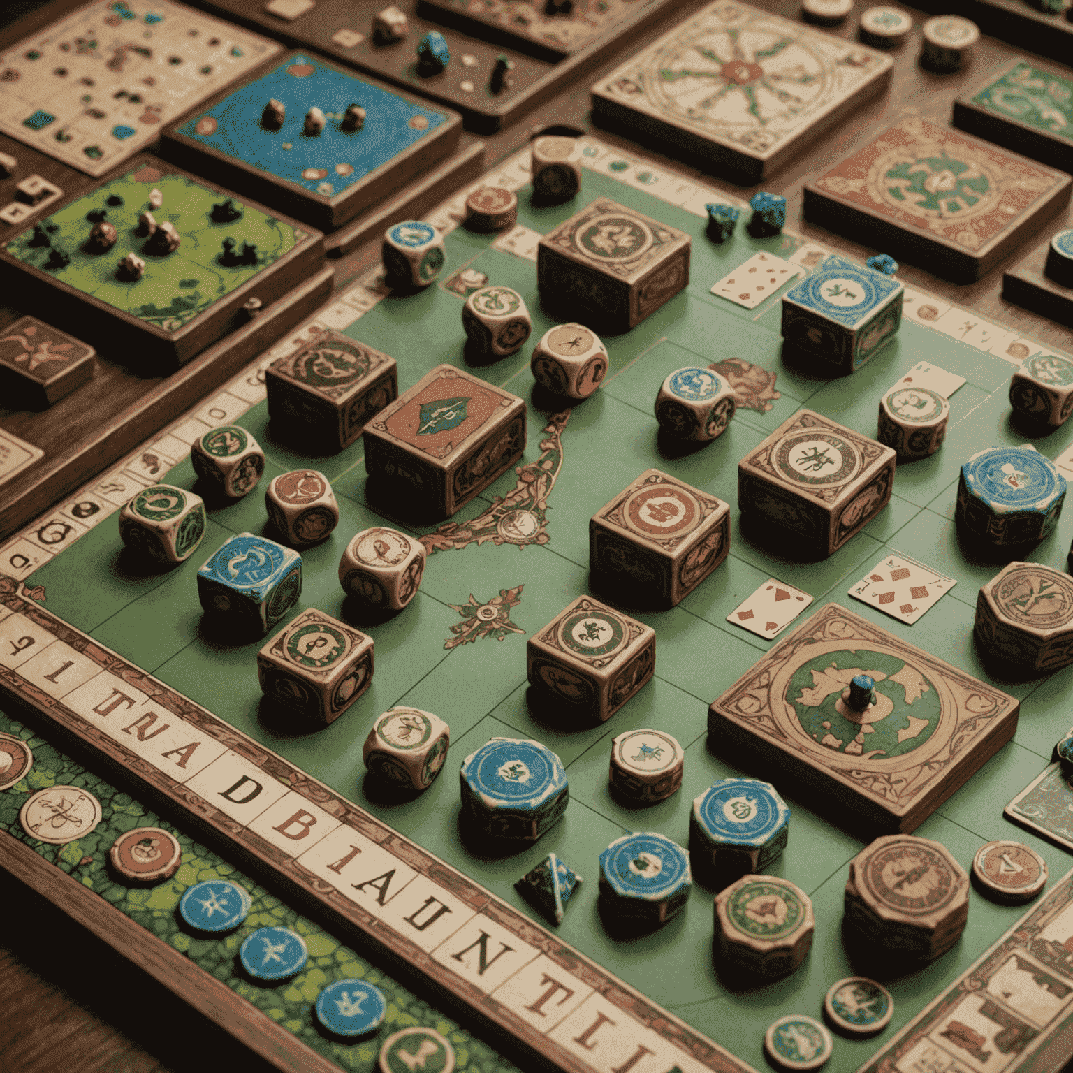 A close-up of intricate board game components, showing detailed miniatures, cards, and a beautifully illustrated game board