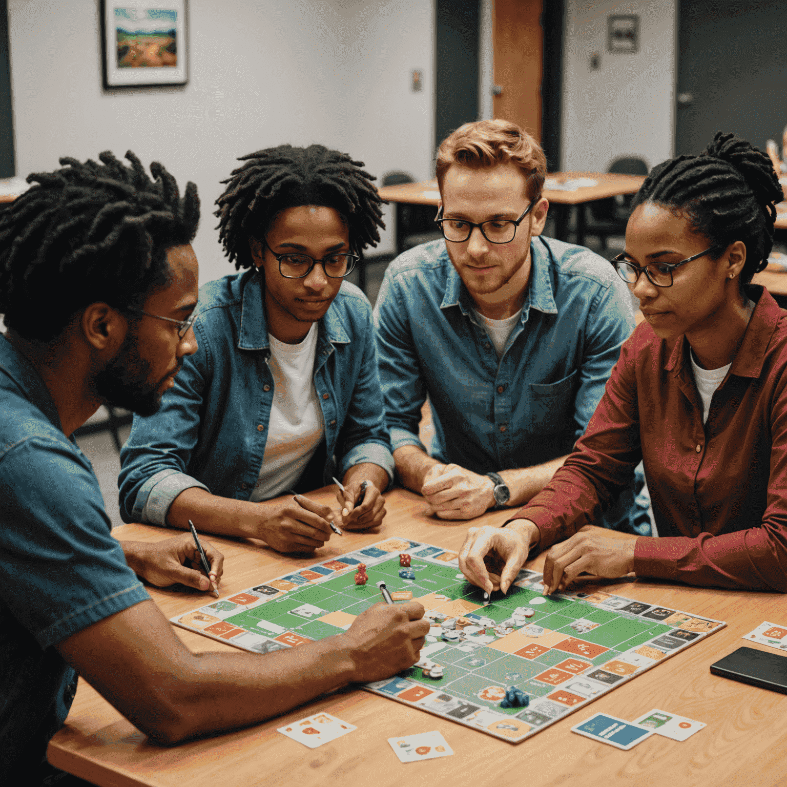 A diverse group of testers engaged in playing a new board game prototype, with observers taking notes and recording the session