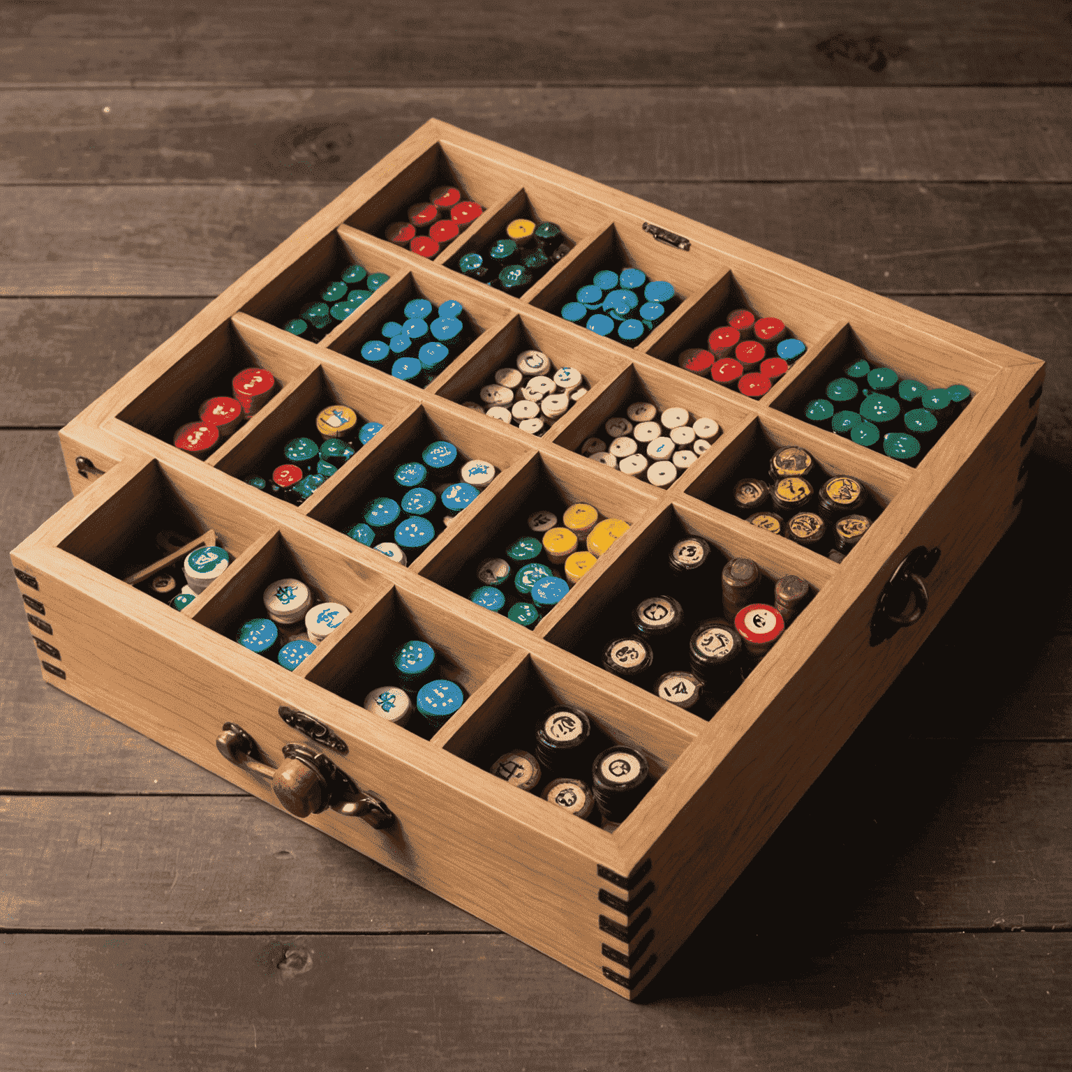 A custom-made wooden game organizer with multiple compartments for different game components