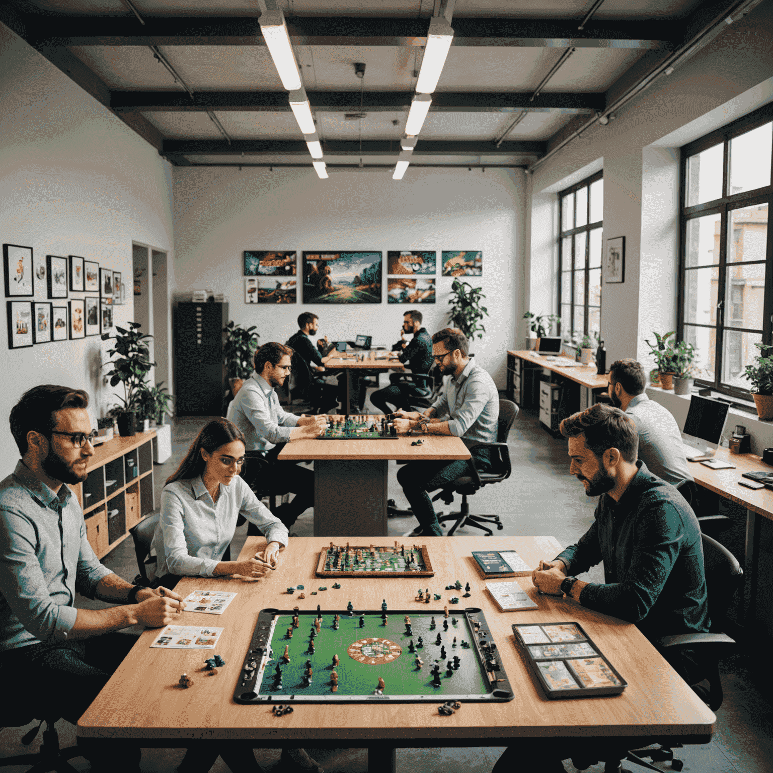 Interior of a modern Italian office with game testing area, featuring employees playing and evaluating board games