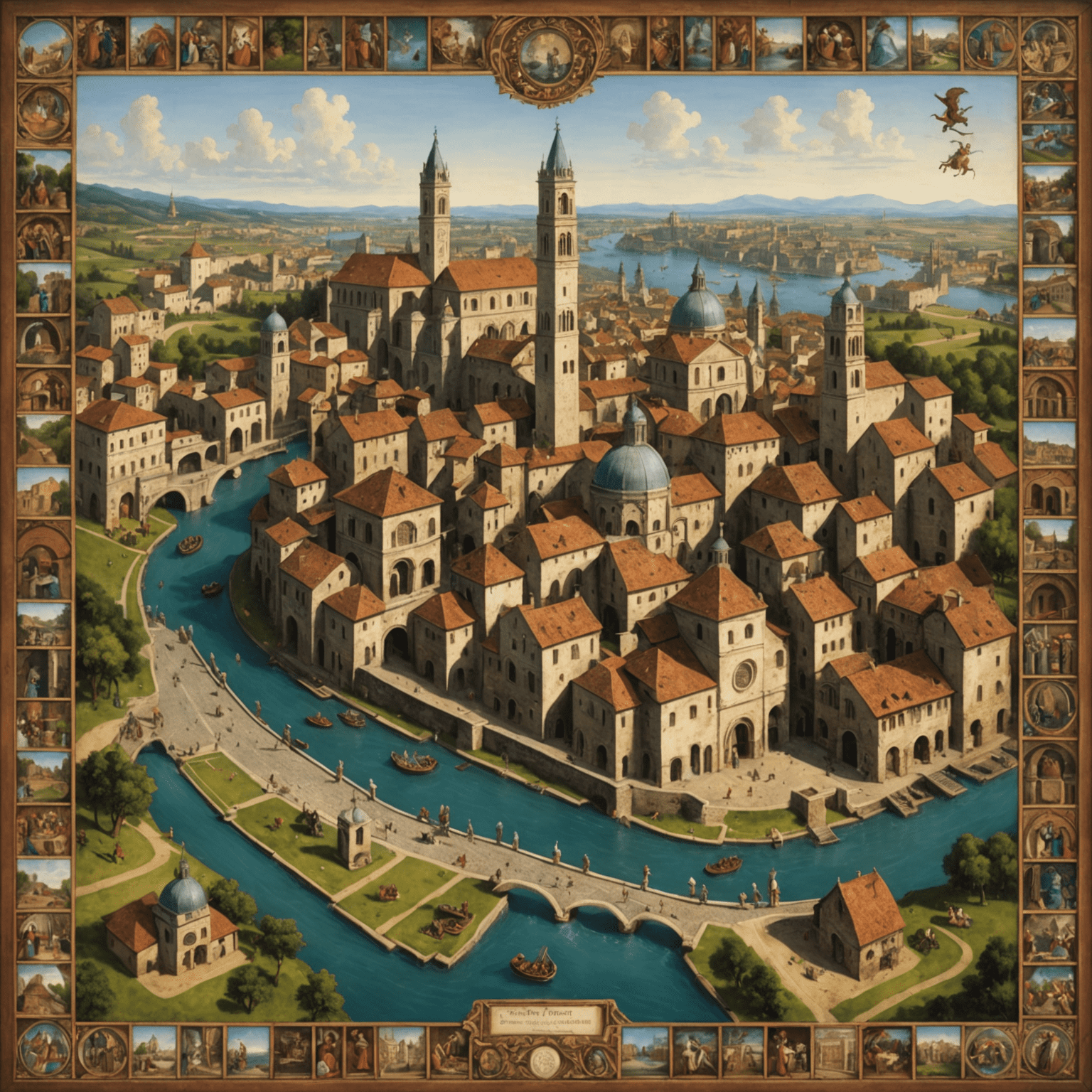 A game board depicting various Italian cities during the Renaissance period. The board features miniature sculptures, paintings, and architectural marvels. Player tokens are shaped like famous Renaissance artists and inventors. The box art showcases a collage of Renaissance masterpieces.