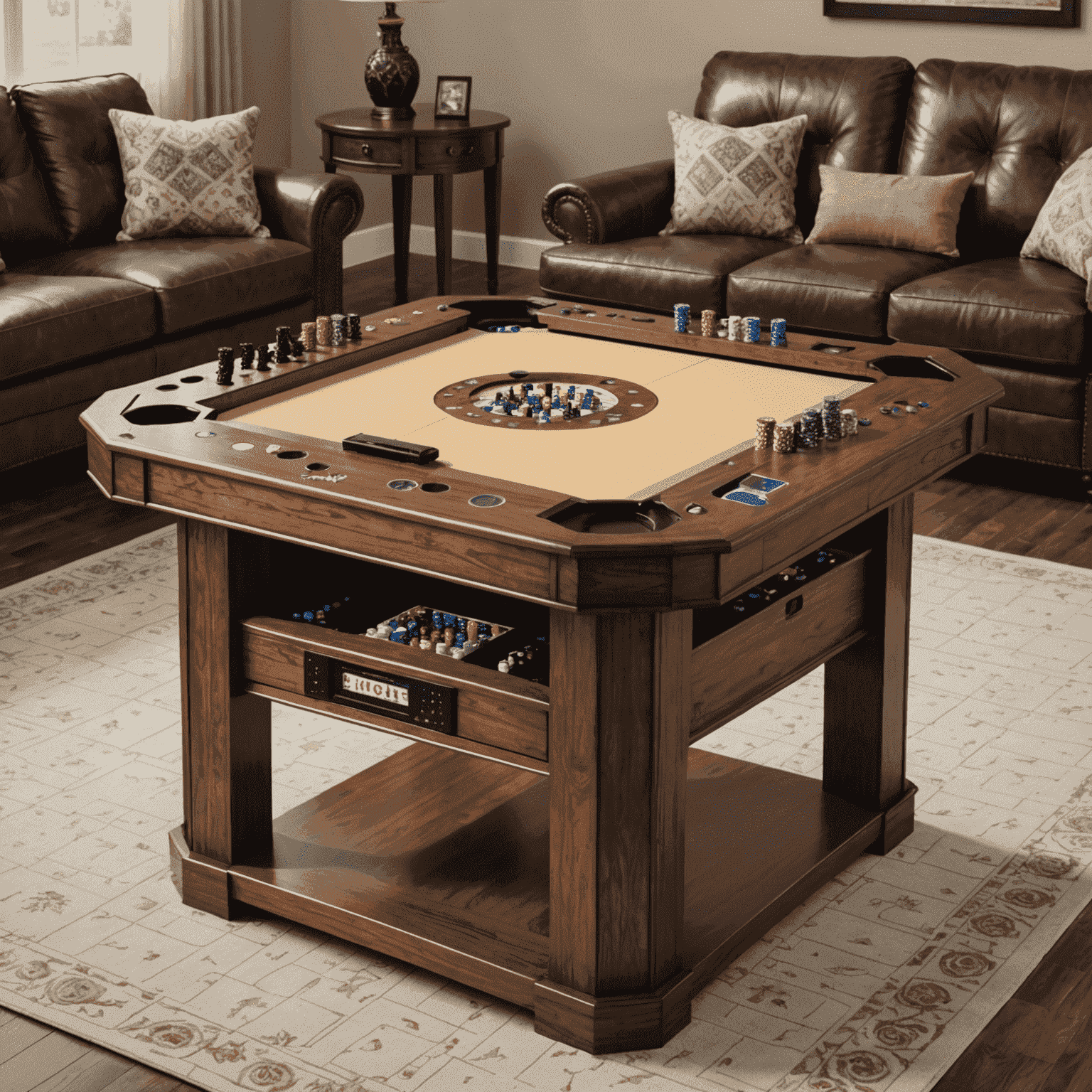 A luxurious wooden gaming table with a recessed playing area, cup holders, and player stations