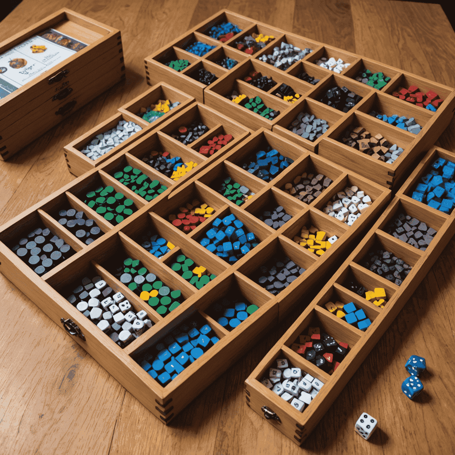 An array of board game accessories including dice towers, card sleeves, organizers, and custom meeples