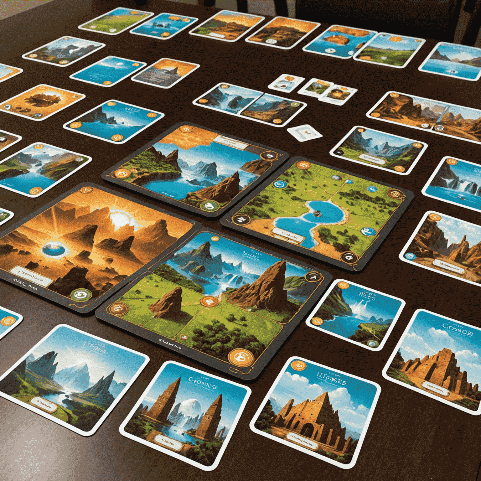 7 Wonders game setup with wonder boards, resource cards, and player tableaus