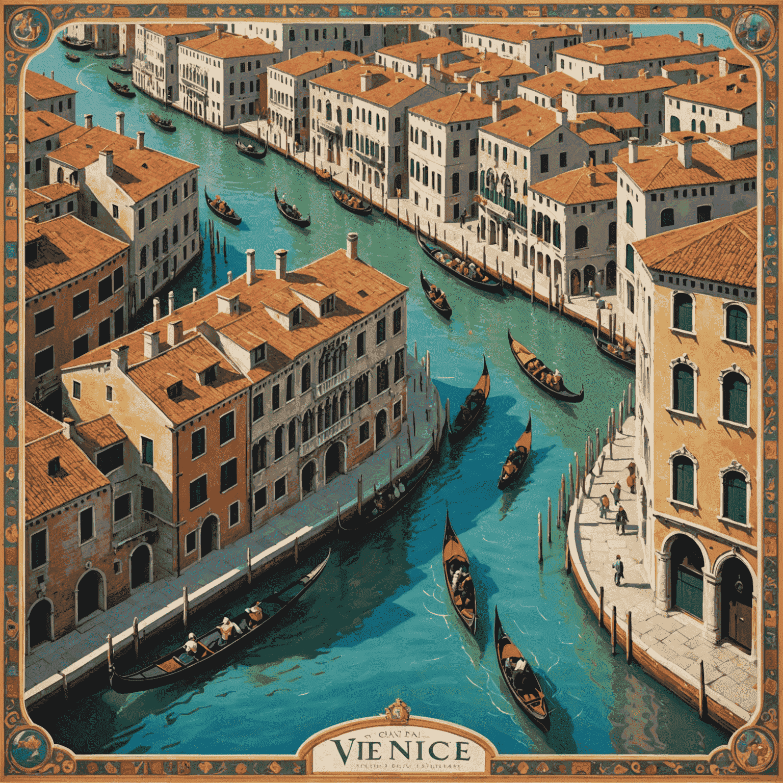 A game board showing the intricate canal system of Venice, with colorful gondolas as player pieces. The board features famous Venetian landmarks and bridges. The box art depicts a lively gondola race through the Grand Canal with cheering spectators on the bridges.