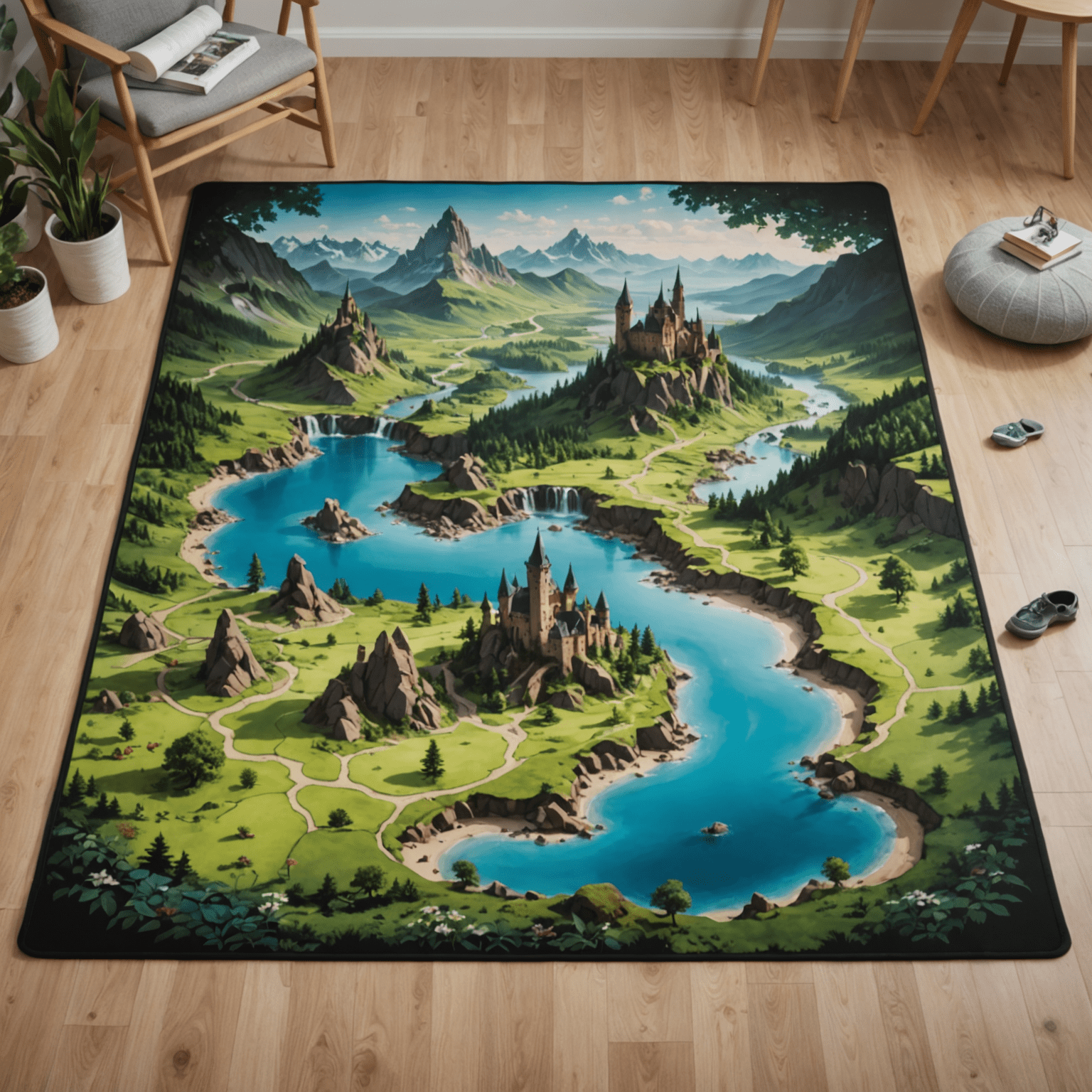 A large neoprene playmat with a fantasy landscape design, laid out on a table