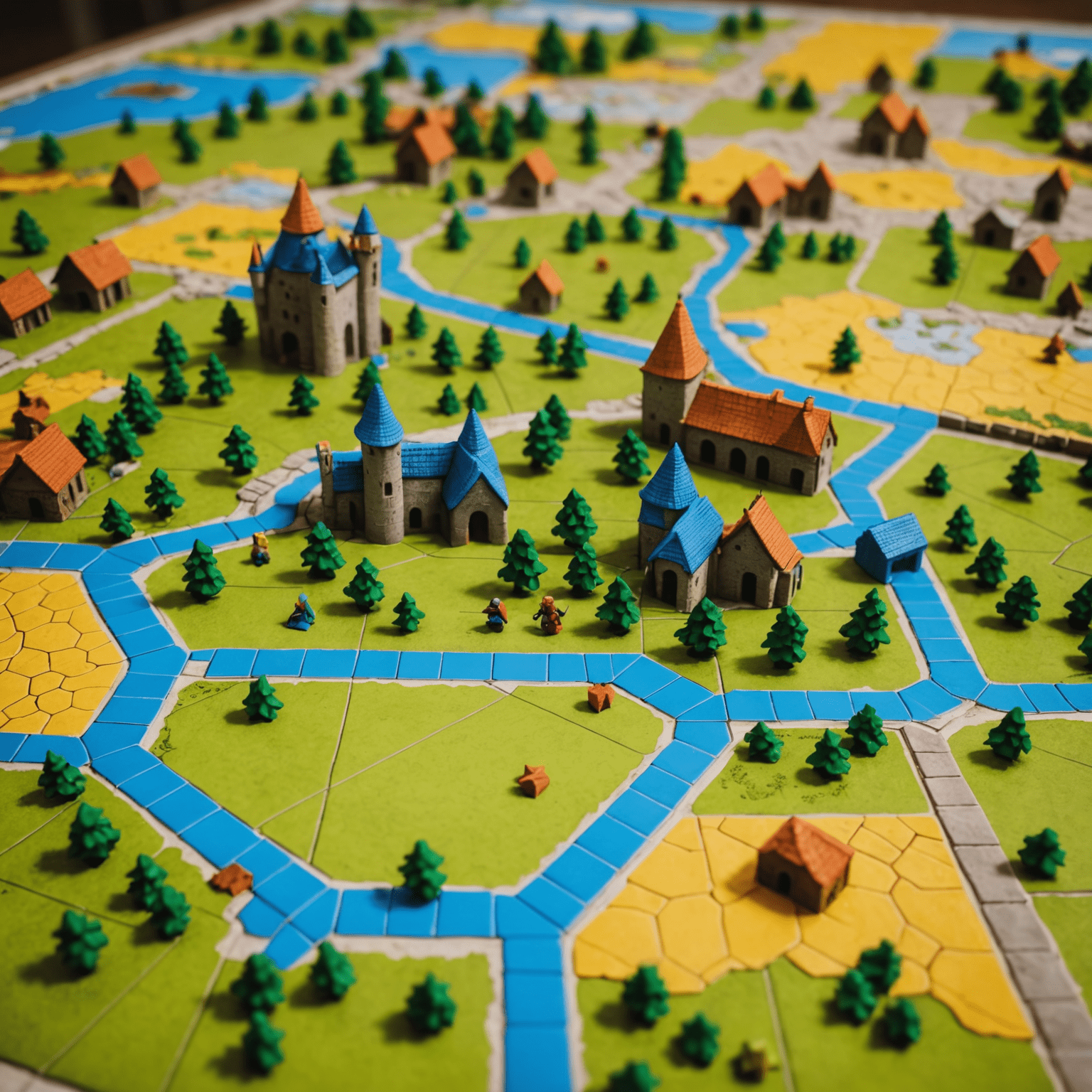 Carcassonne game in progress with a partially completed landscape of tiles and meeples