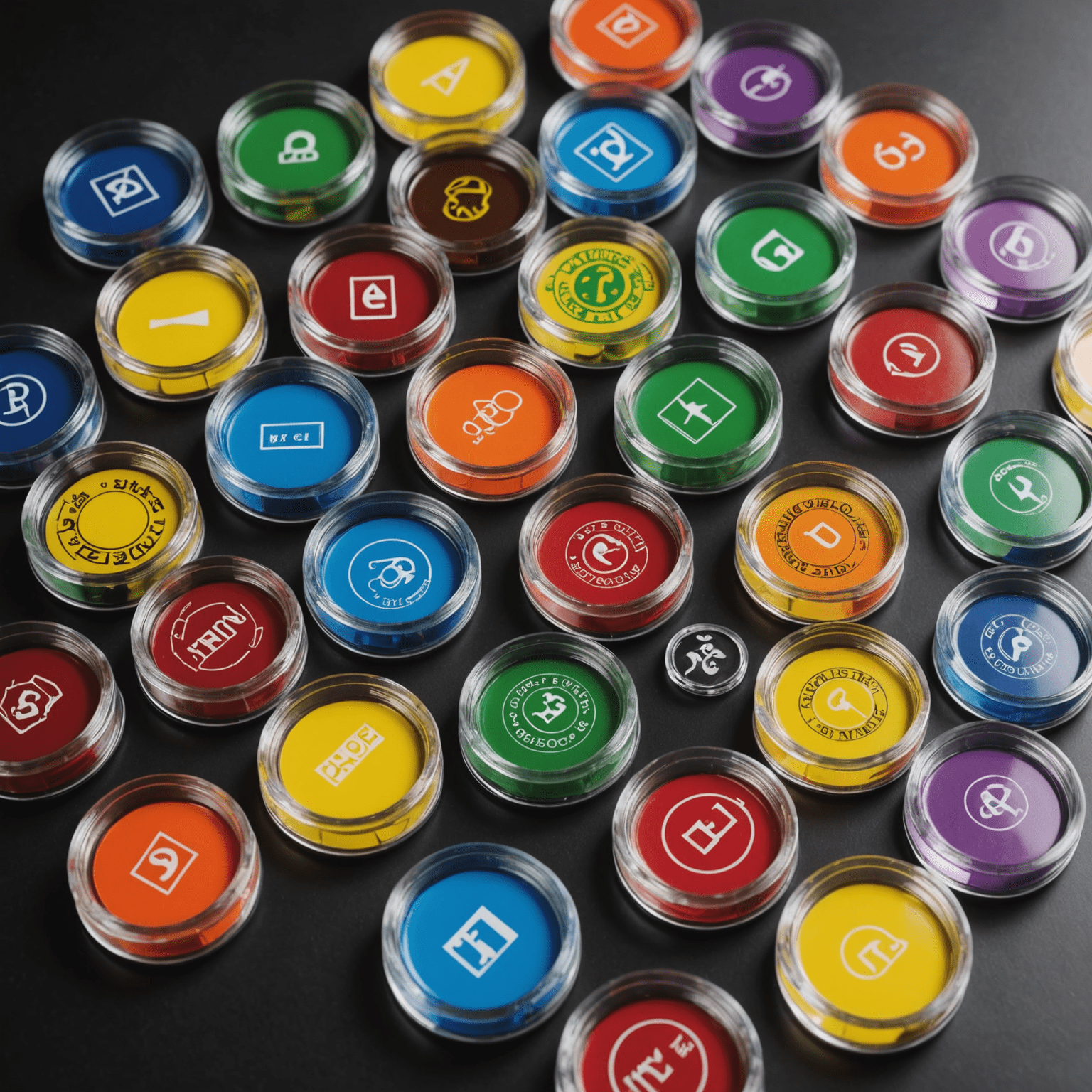 Various acrylic token holders filled with colorful game tokens and resources