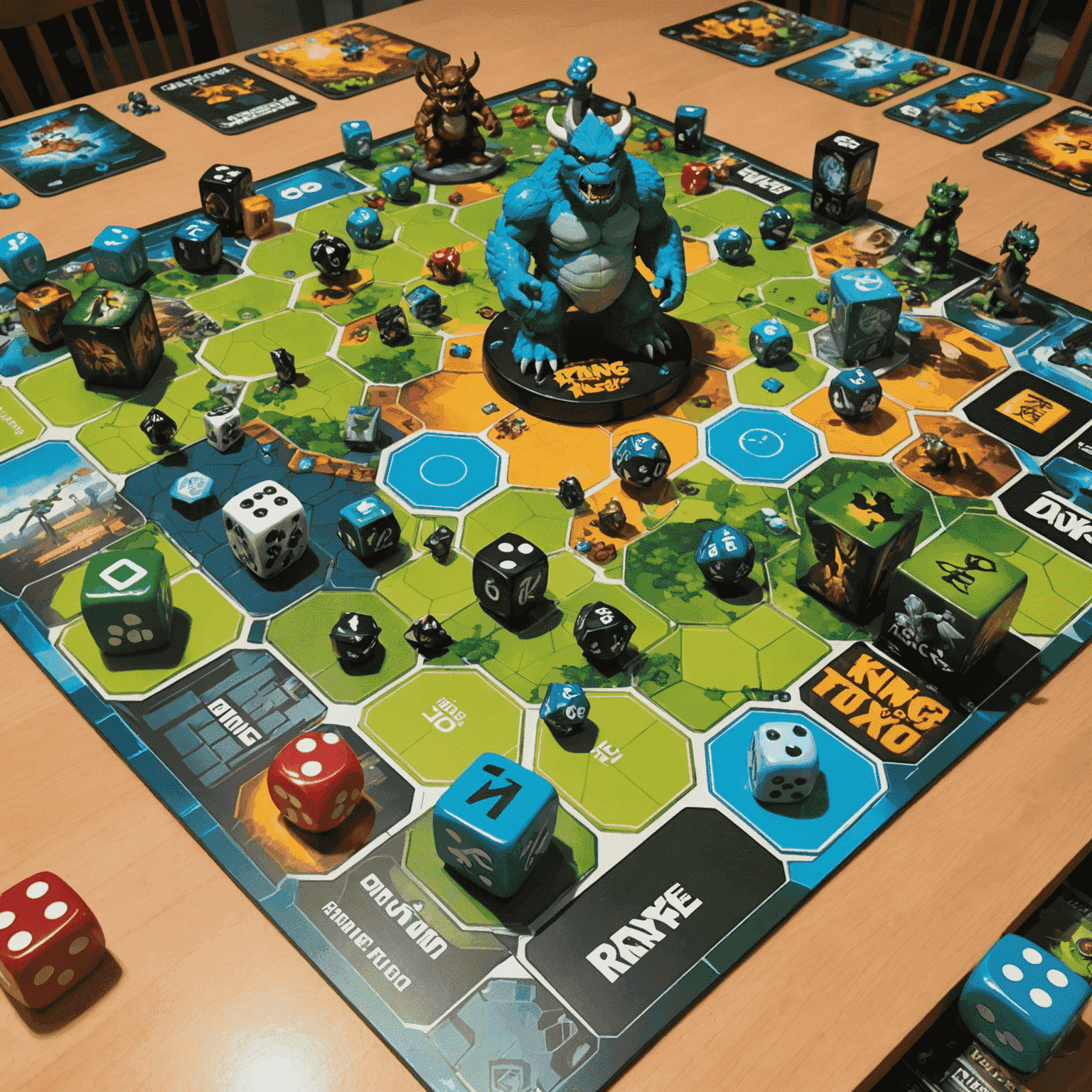 King of Tokyo game board with monster standees, energy cubes, and custom dice